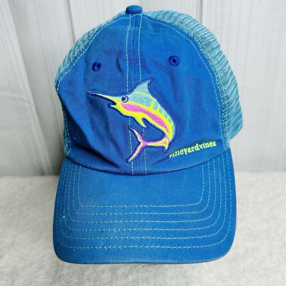 Vineyard Vines Hat Cap Strap Back Blue Trucker Mesh Marlin Fish Retro Beach